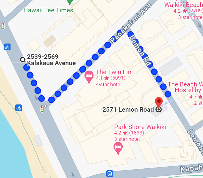 Walking directions from Waikiki Beach Marriott to the Hui Car Share station at Park Shore Waikiki