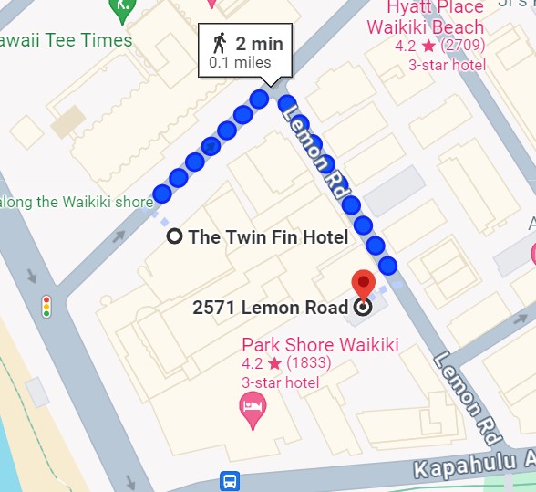 Walking directions from The Twin Fin Hotel to the Hui Car Share station at Park Shore Waikiki